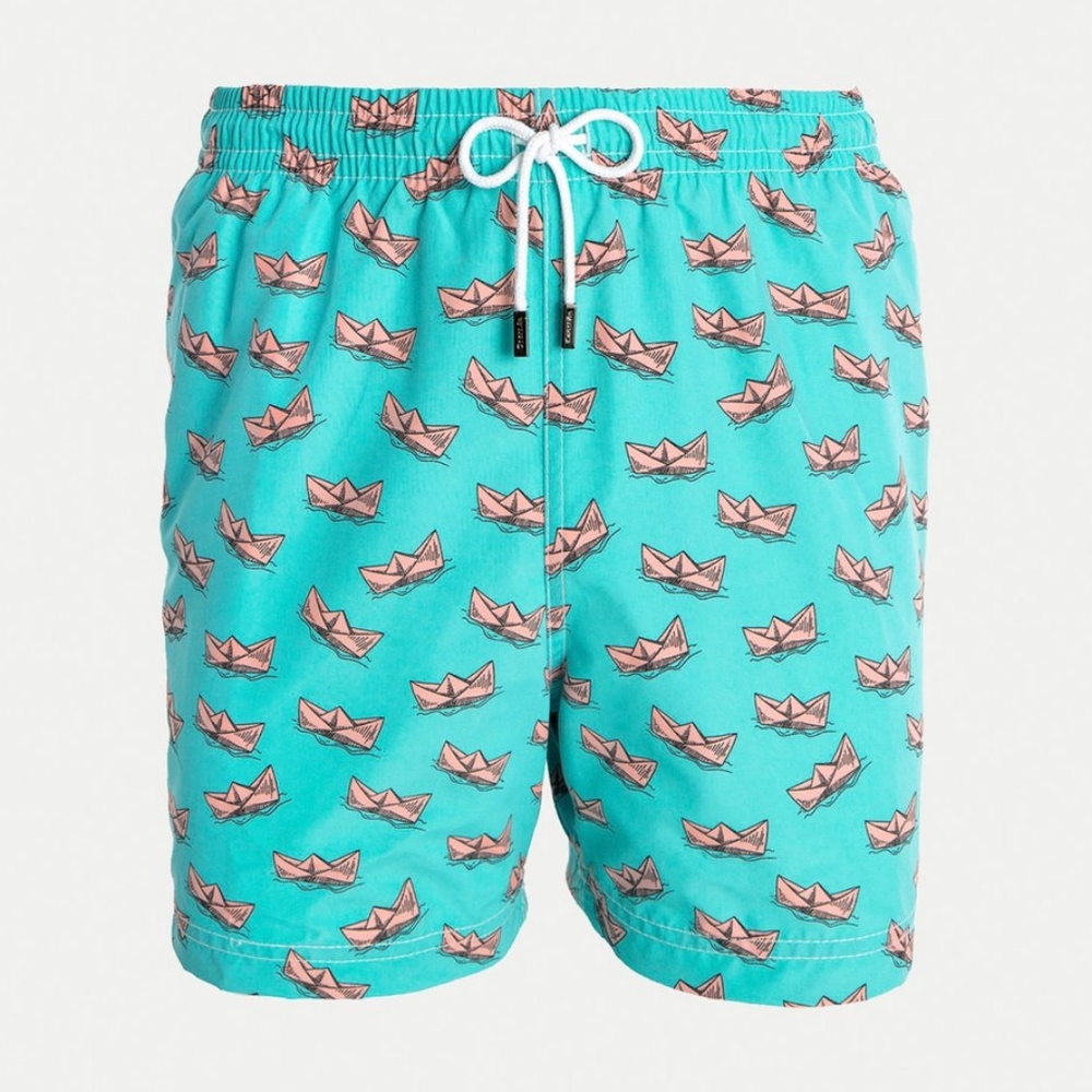 {98 Coast Av} Boys Aqua Paper Boat Swim Trunks